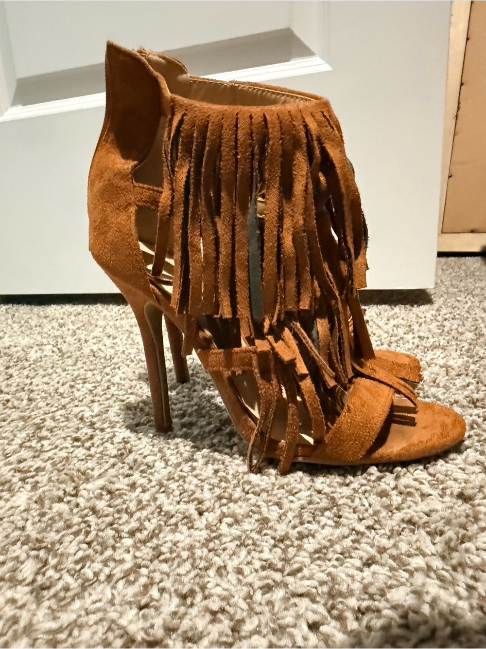 Fringe Suede High Heel Sandals - Tan